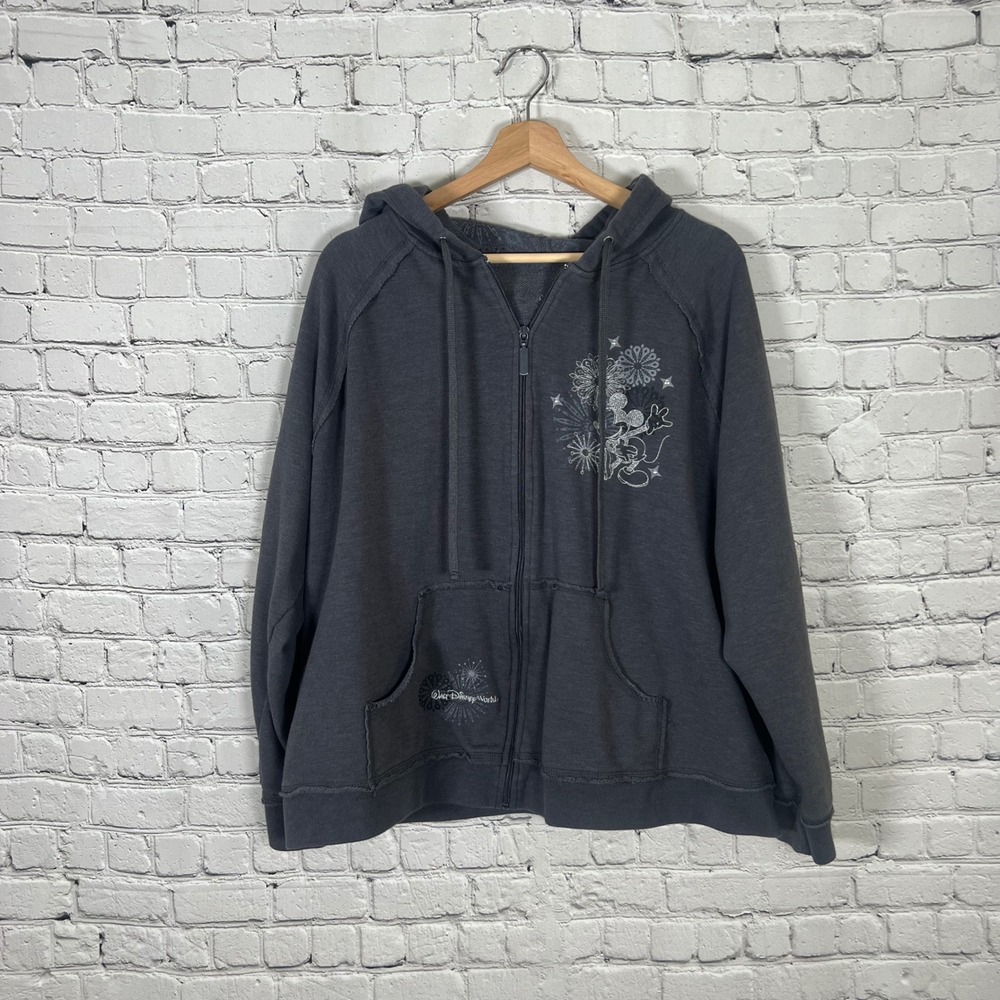 Disney Parks Mickey Mouse Fireworks Zip Hoodie Gray Rhinestone Embroidered 2X